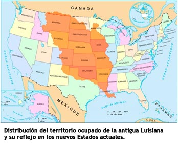 Distribución del territorio ocupado de la antigua Luisiana y su reflejo en los nuevos Estados actuales.